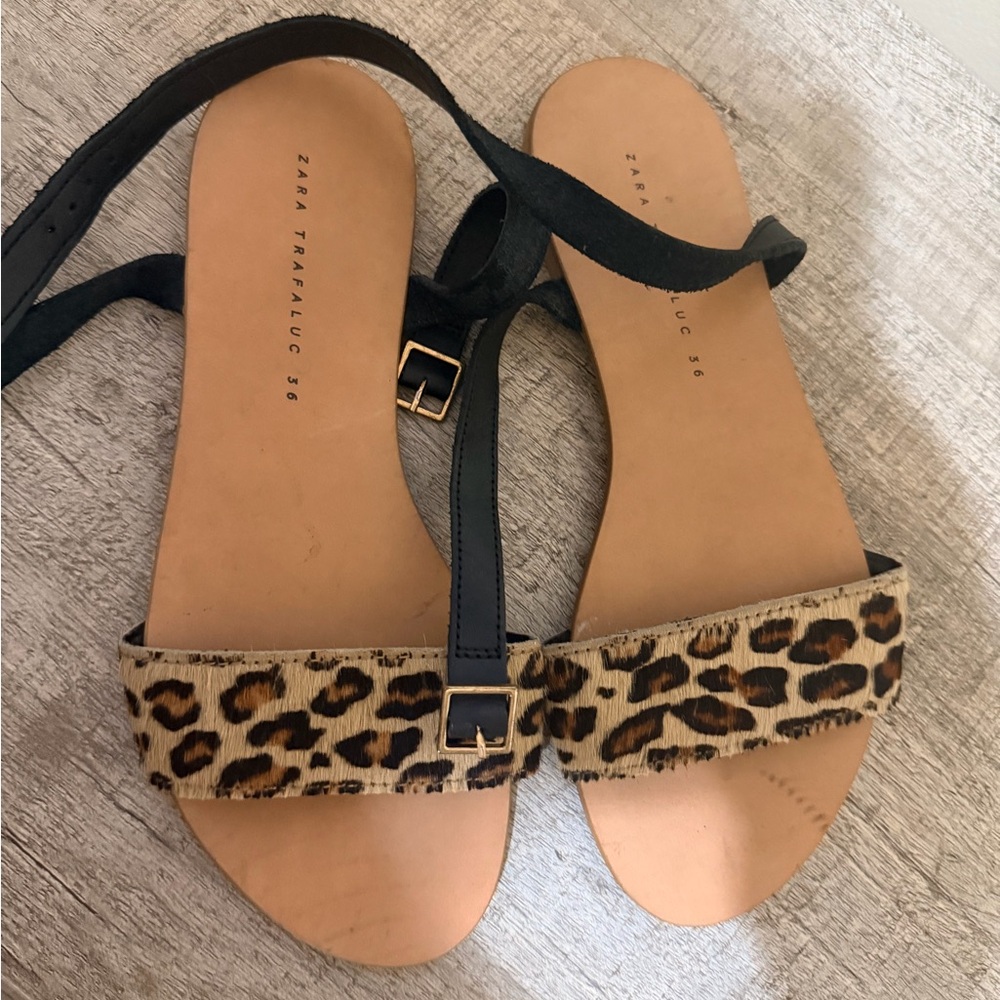 Zara Animal Print Sandals - Black and Tan